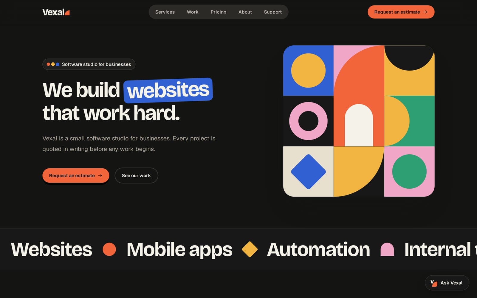 The Vexal homepage: 'We build websites that work hard' beside a grid of bold geometric shapes
