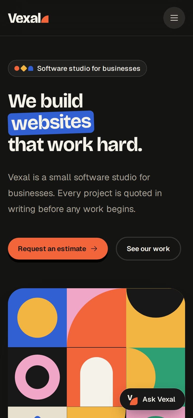 The same homepage on a phone, with the Ask Vexal button