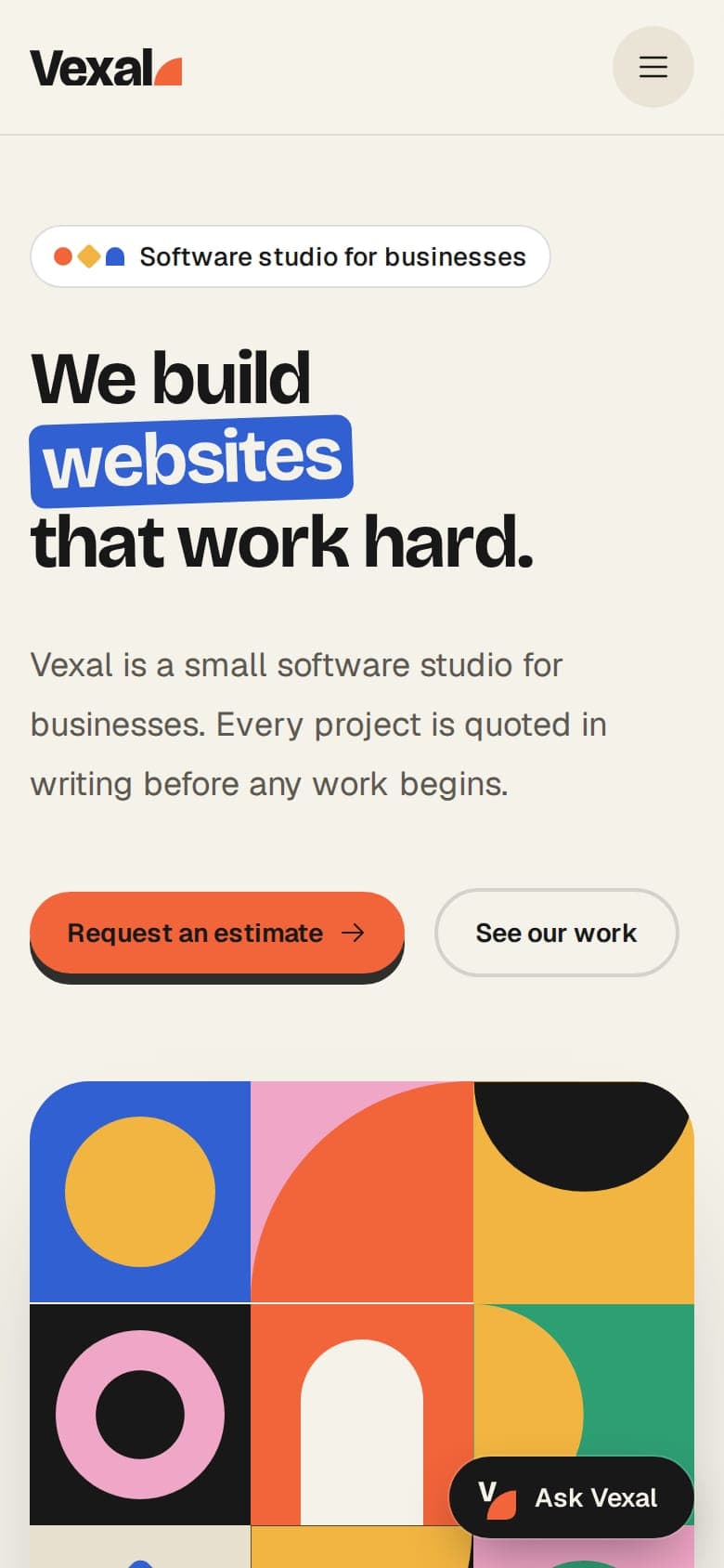The same homepage on a phone, with the Ask Vexal button